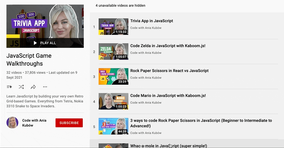 JavaScript Games with Ania Kubow Youtube Playlist